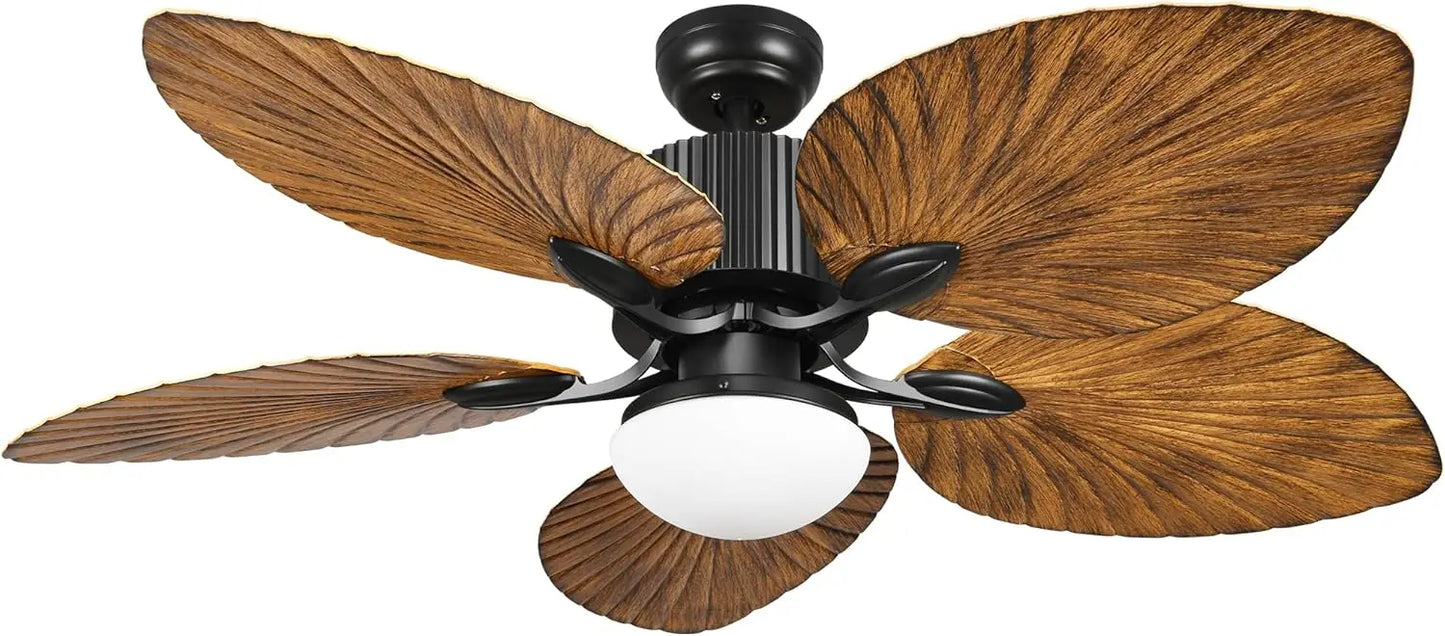 Tropical Ceiling Fan with LED Light and Remote Control 52 Inch Palm Reversible Fan with Memory Function 5 Leaf Blades- Walnut
