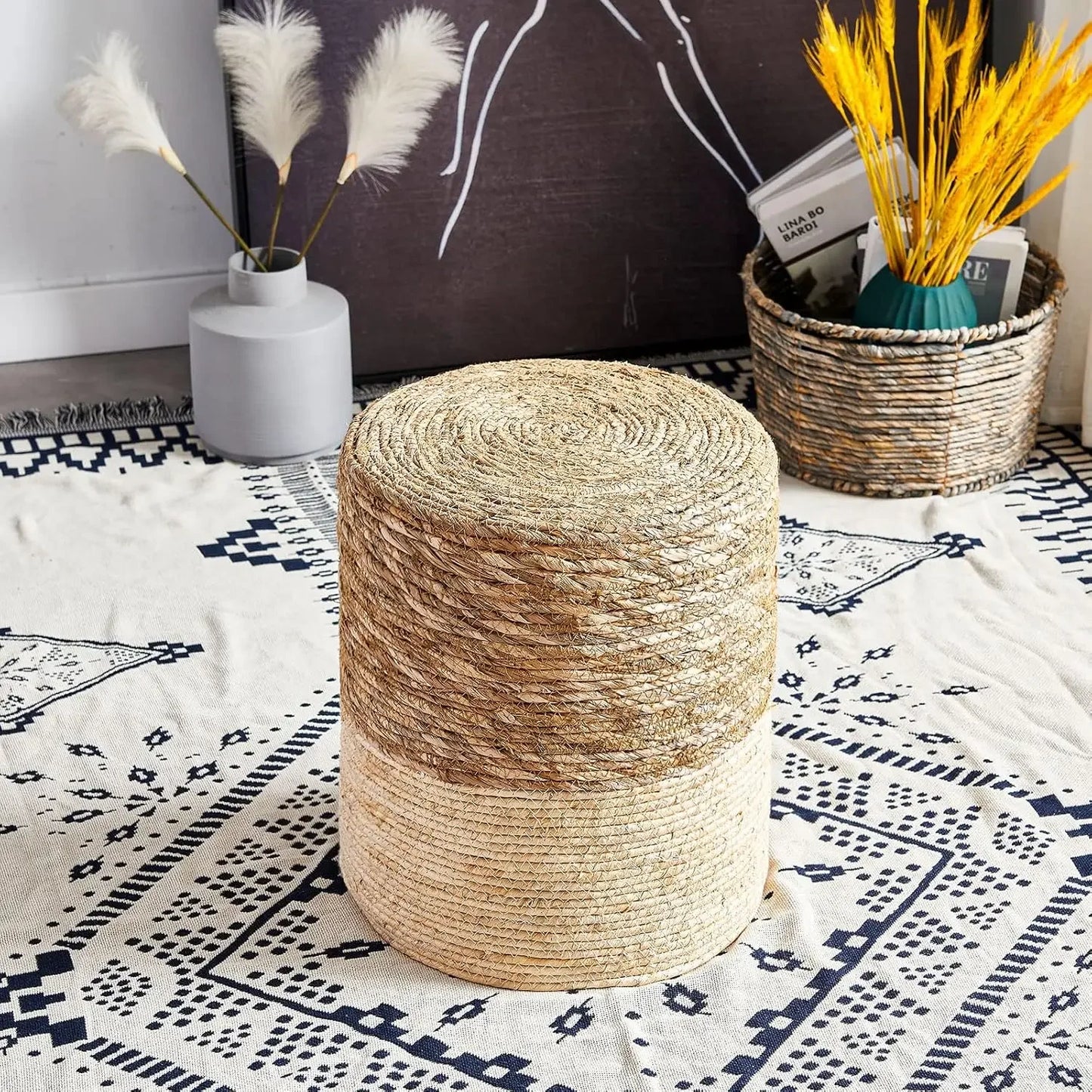 Pouf Ottoman, 100% Handwoven Seagrass Braided Pouffe, Boho Decor Floor Chair for Couch or Desk, Round Footrest with Wood Frame