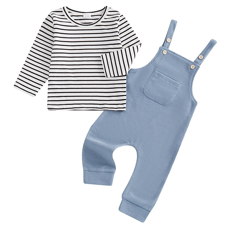 Boys 2-Piece Set Striped Long Sleeve Tee with Suspender Pants Fall Outfit for Kids