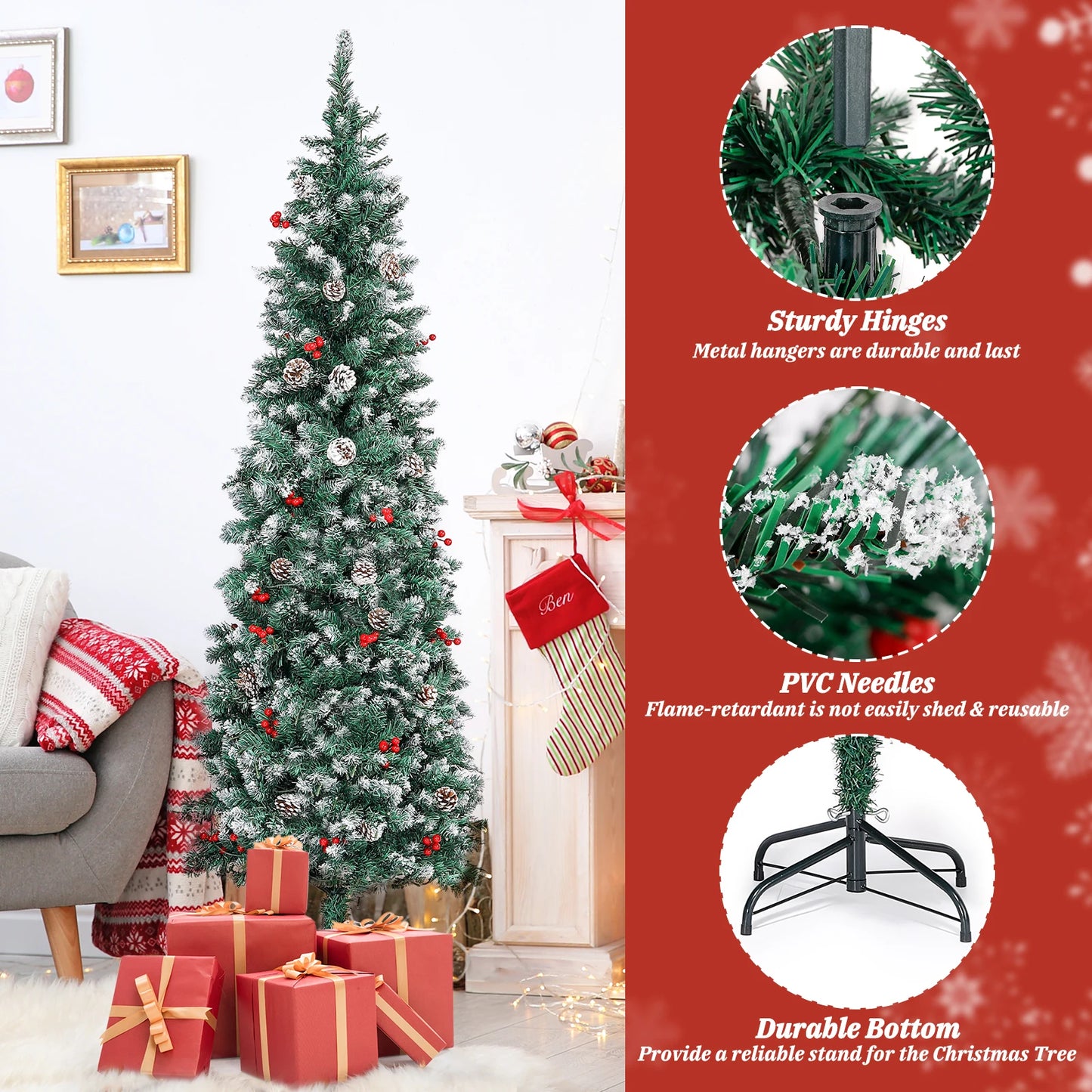 7.5 Ft Pre-Decorated Pencil Christmas Tree Pre-Lit Holiday Tree with Clear Lights Collapsible for Easy Storage 41 Pine cones