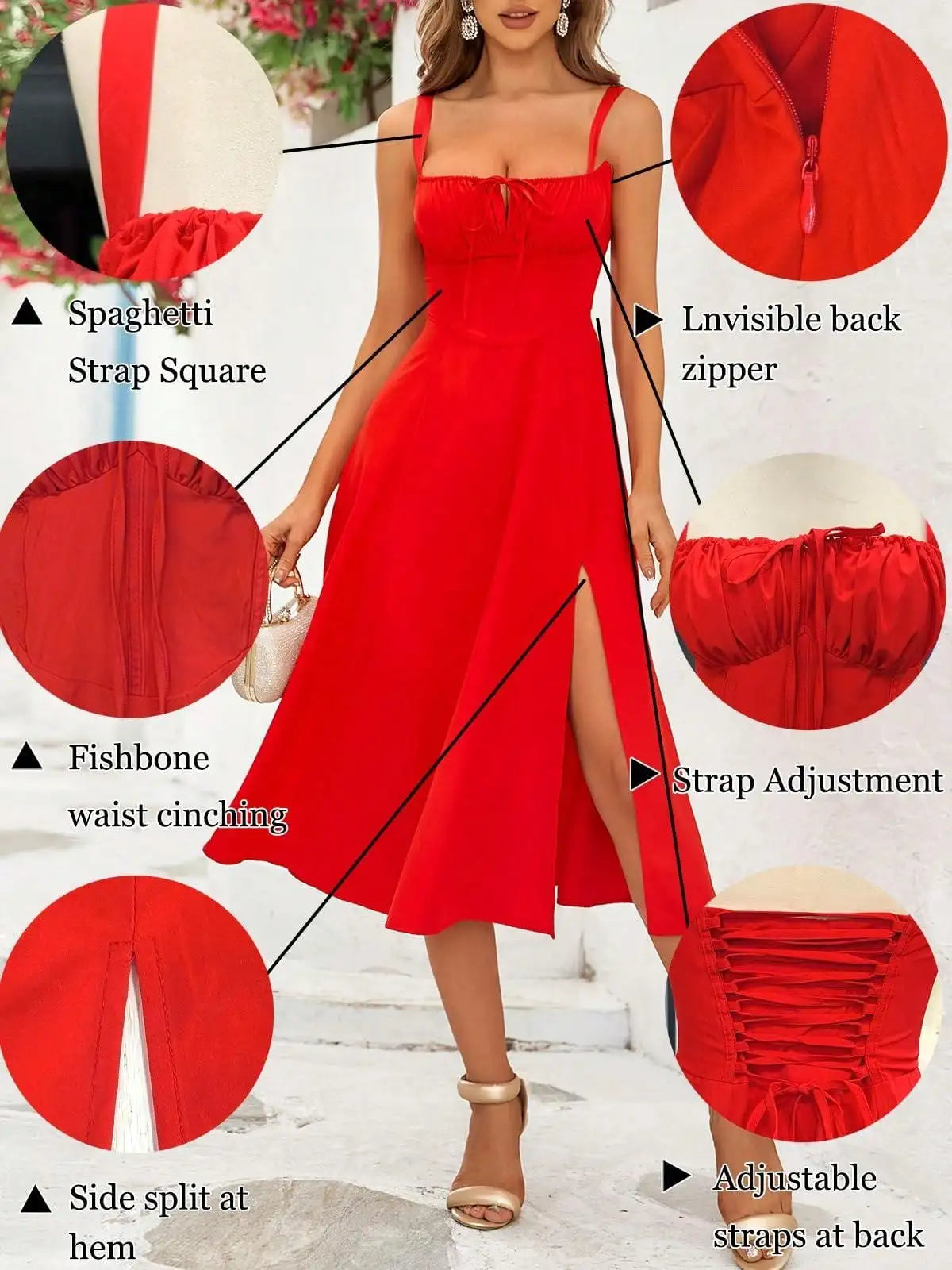 Red Party Dress Women's Mid-Length Tight Bodycon Dress with Slit Valentine's Day Clubwear Wedding Guest Bridesmaid Dress