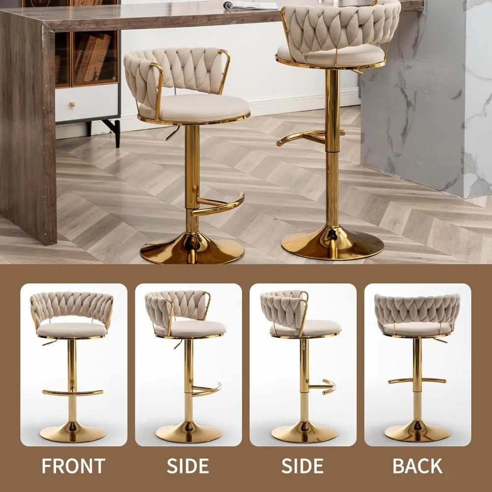 Gold Bar Stools Set of 4, Velvet Swivel Barstools with Woven Backrest, Adjustable Bar Chairs for Kitchen Island, Dining Room
