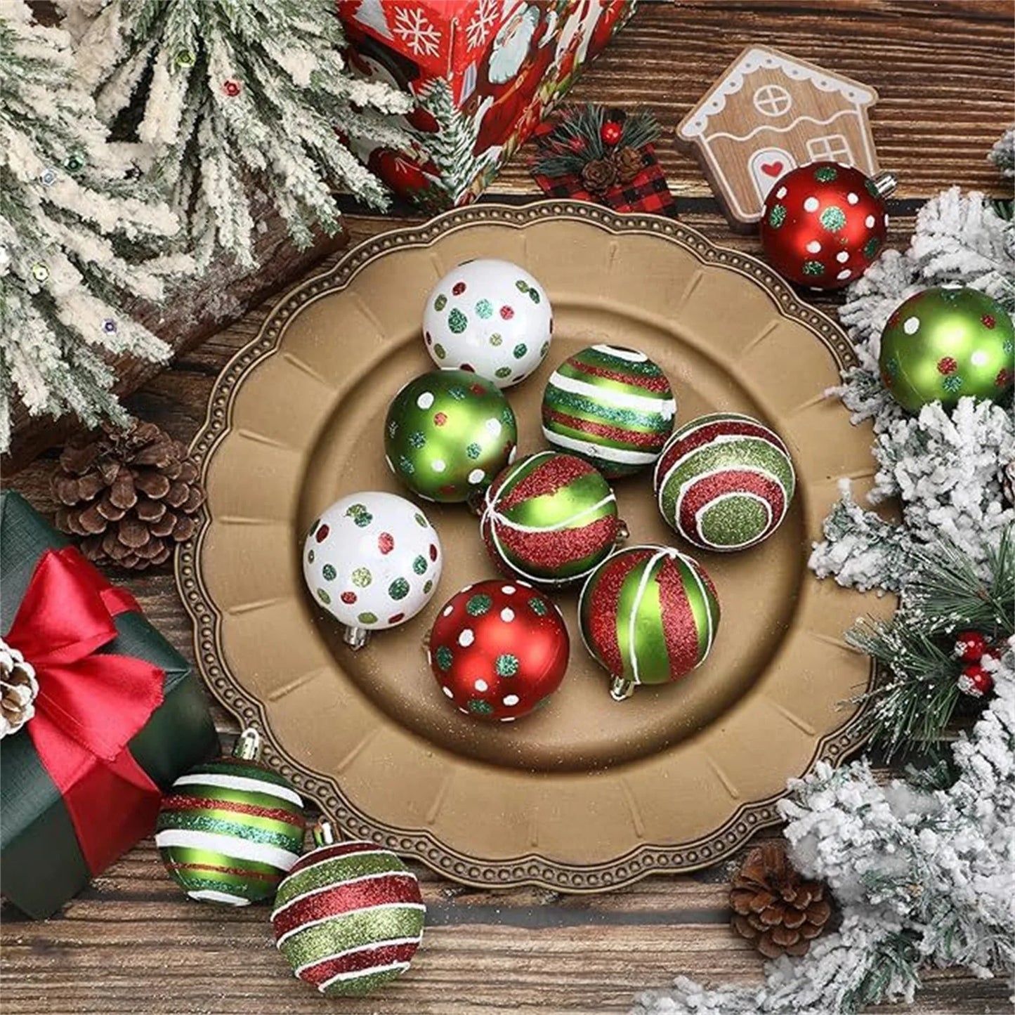 12pcs Christmas Ball Ornaments Glittering Plastic Hanging Decorations Balls Candy Cane Red And Green Christmas Tree Pendants