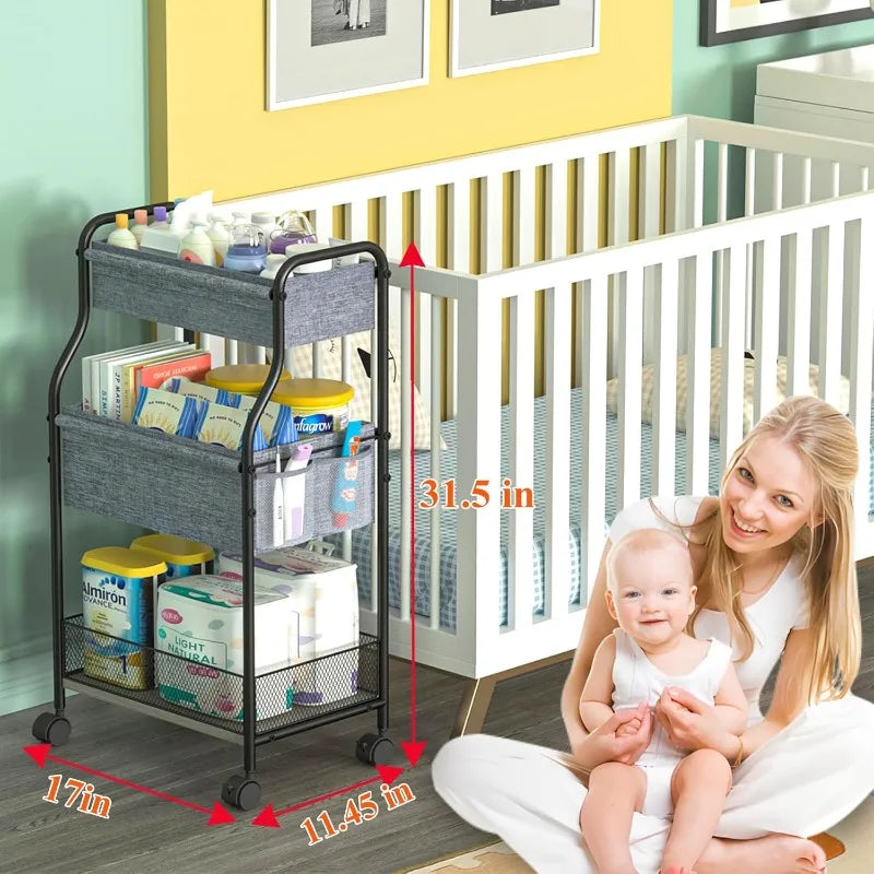 3-Tier Baby Diaper Caddy Organizer and Storage Cart with 4+2 Dividers, Mobile Metal Utility Cart with Rolling Wheels for Nursery