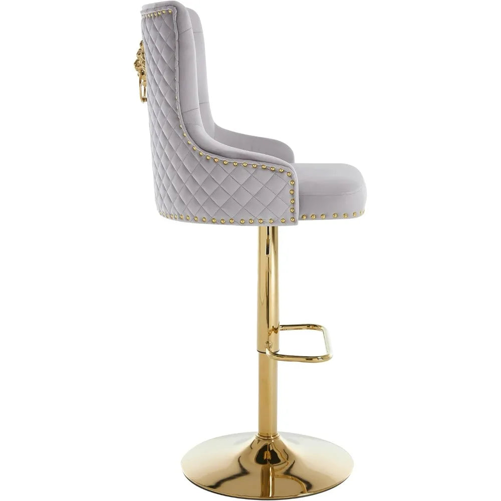 Velvet Gold Barstools Set of 2, Modern Counter Height Adjustable Swivel Stools Chairs with High Tufted Backrest Golden Base Lion