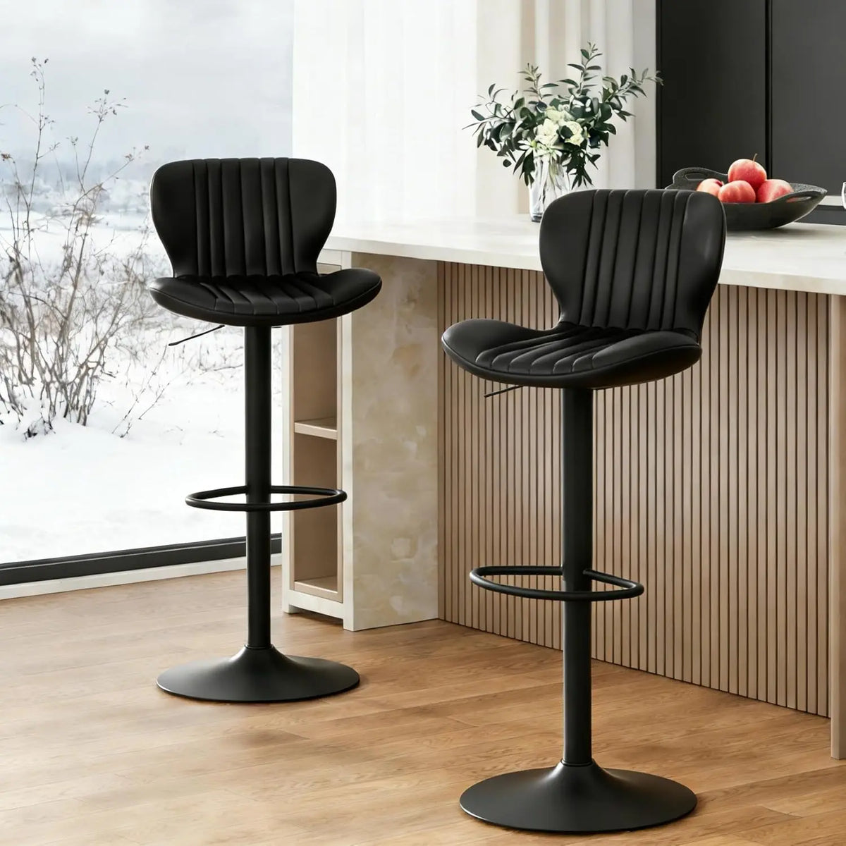 Beige Leather Adjustable Bar Stools Set of 2, Modern Counter Height Chairs