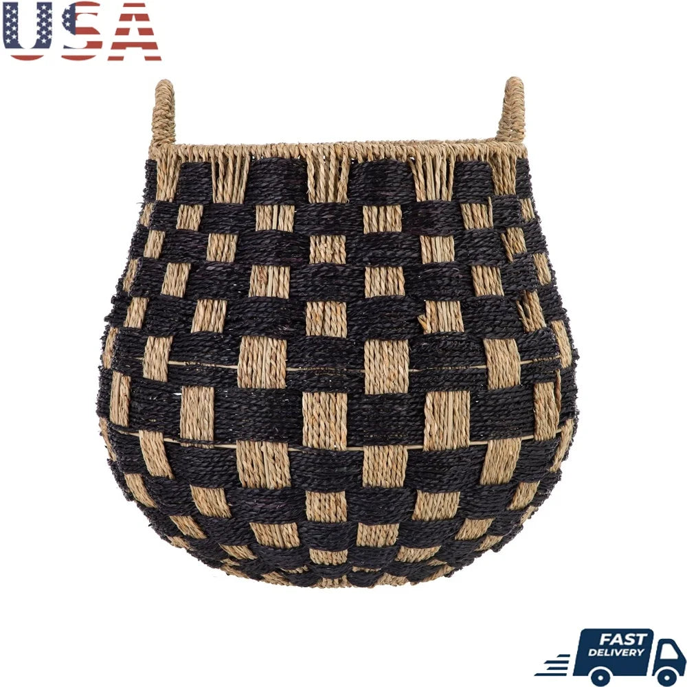 Large Round Seagrass Storage Basket with Handles 2 Pack Handcrafted Checkered Design Lightweight Durable Decorative Organizers