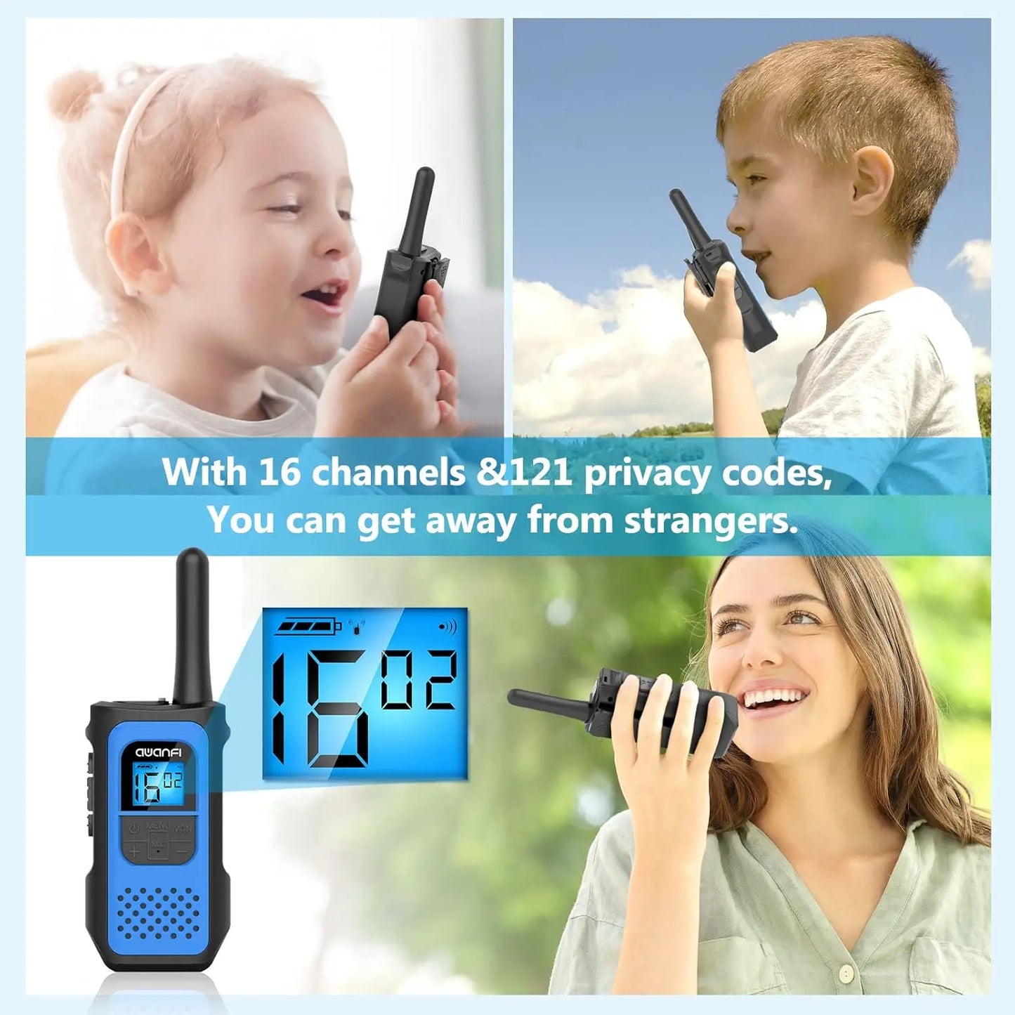 AWANFI Walkie Talkies 3 Pack Rechargeable with 1200mAh Li-ion Battery for Kids, Walky Talky for Camping Adventure Gift