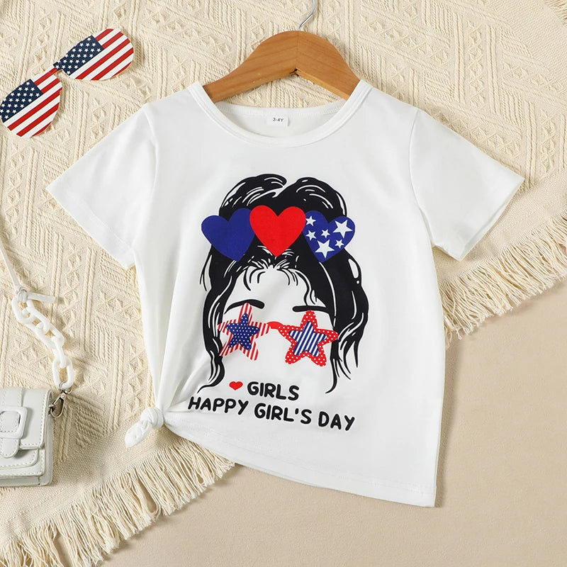 Cute Toddler Independence Day Outfit American Flag Print Sleeveless Top and Denim Shorts 2 Piece Set for Girls