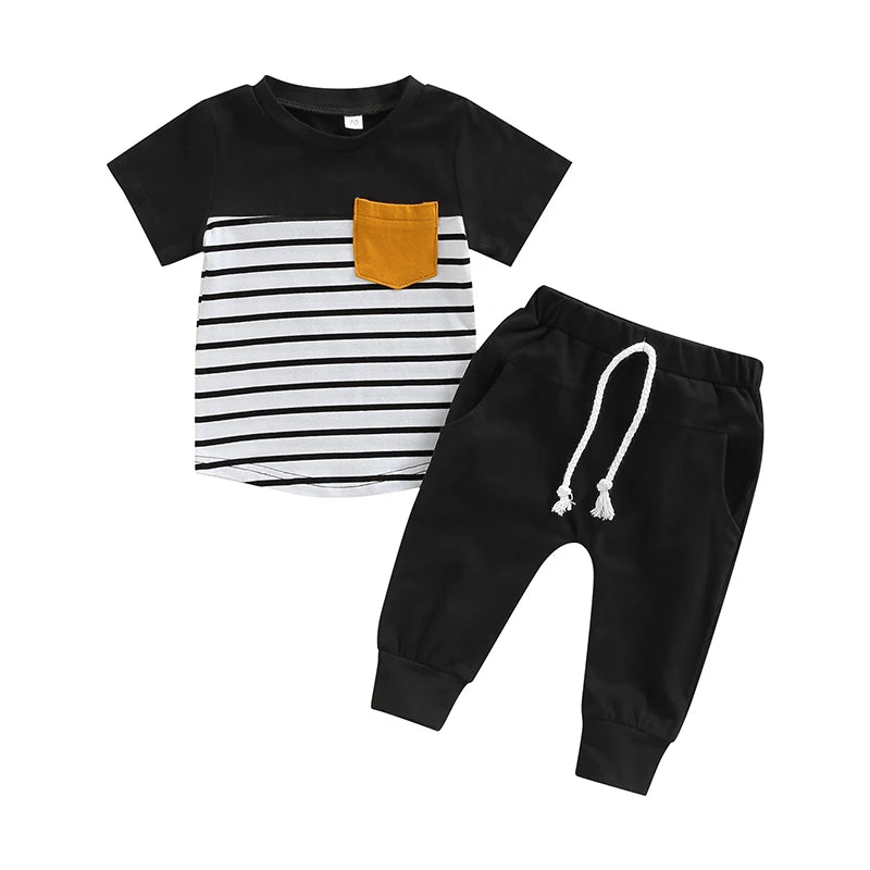 Baby Boys 2 Piece Clothing Set Striped Short Sleeve T-Shirt with Round Neck Solid Color Long Pants Summer Outfit