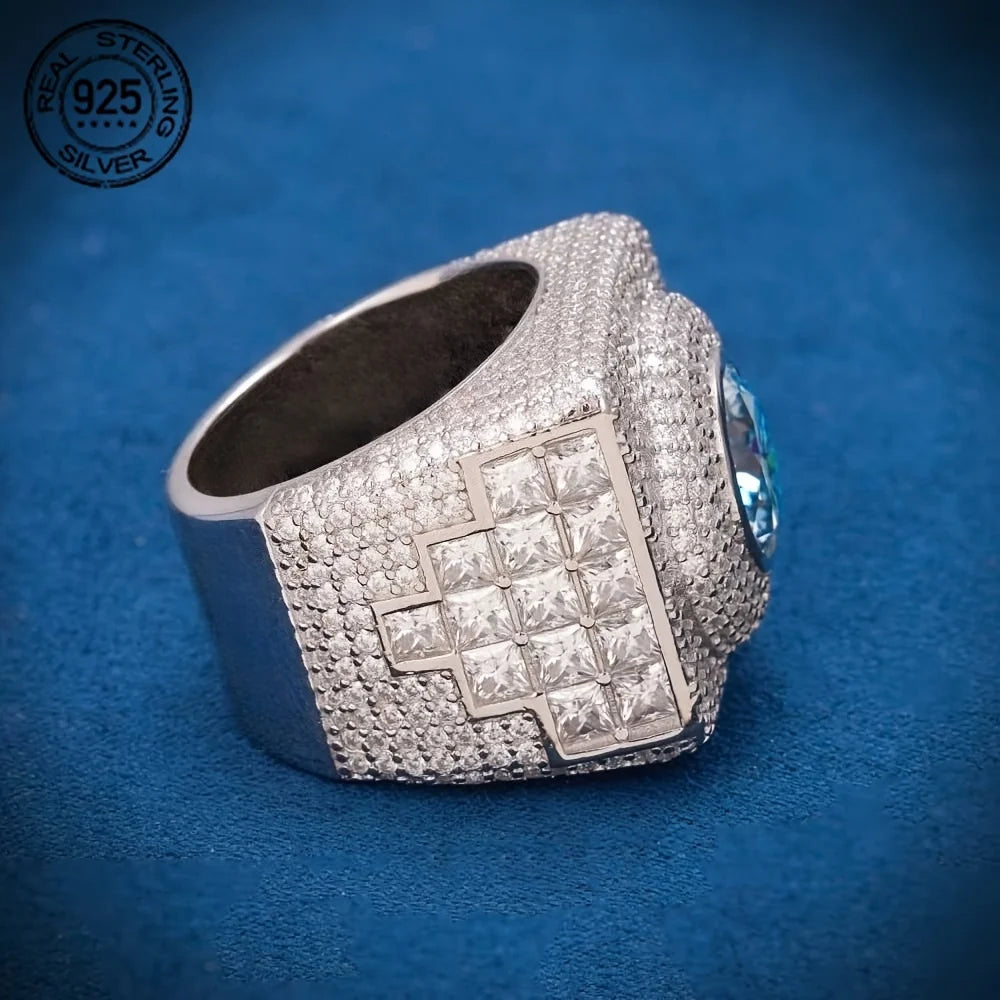 Luxury Big Square 925 Sterling Silver Hip Hop Rings Sea Blue Lab Diamond Wedding Band Ring Icy Out Cocktail Party Jewelry