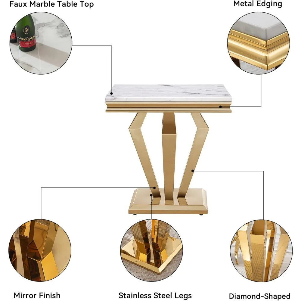 Square End Table, 22.8" Modern White Faux Marble Side Table with Golden Mirrored Finish