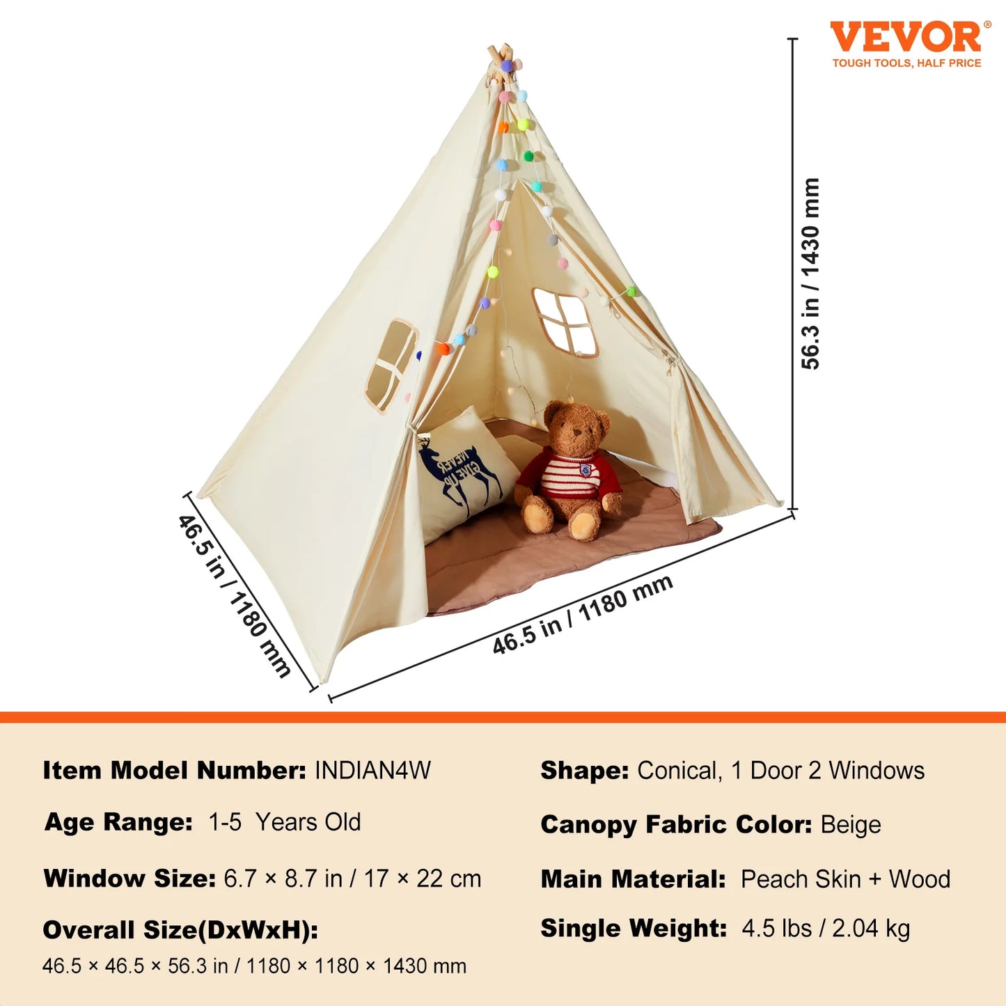 SucceBuy Kids Play Tent Teepee Tent for Kids 1-5 Years Old Tent for Kids with Windows for Indoor and Outdoor Toddler Tent
