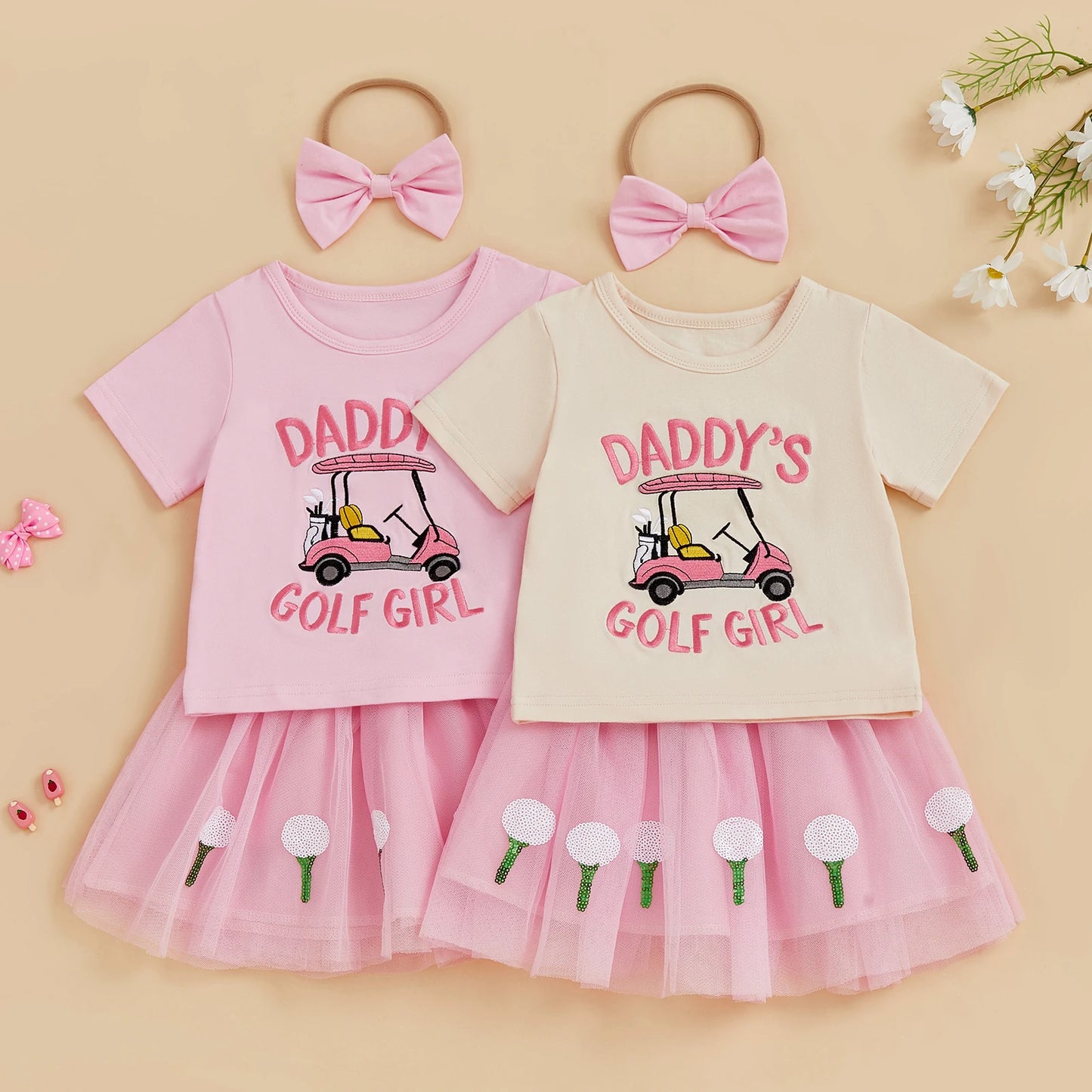 Toddler Girls Summer Sets Letter Golf Cart Embroidered Short Sleeve Round Neck Tops Golf Tulle Skirt with Headband