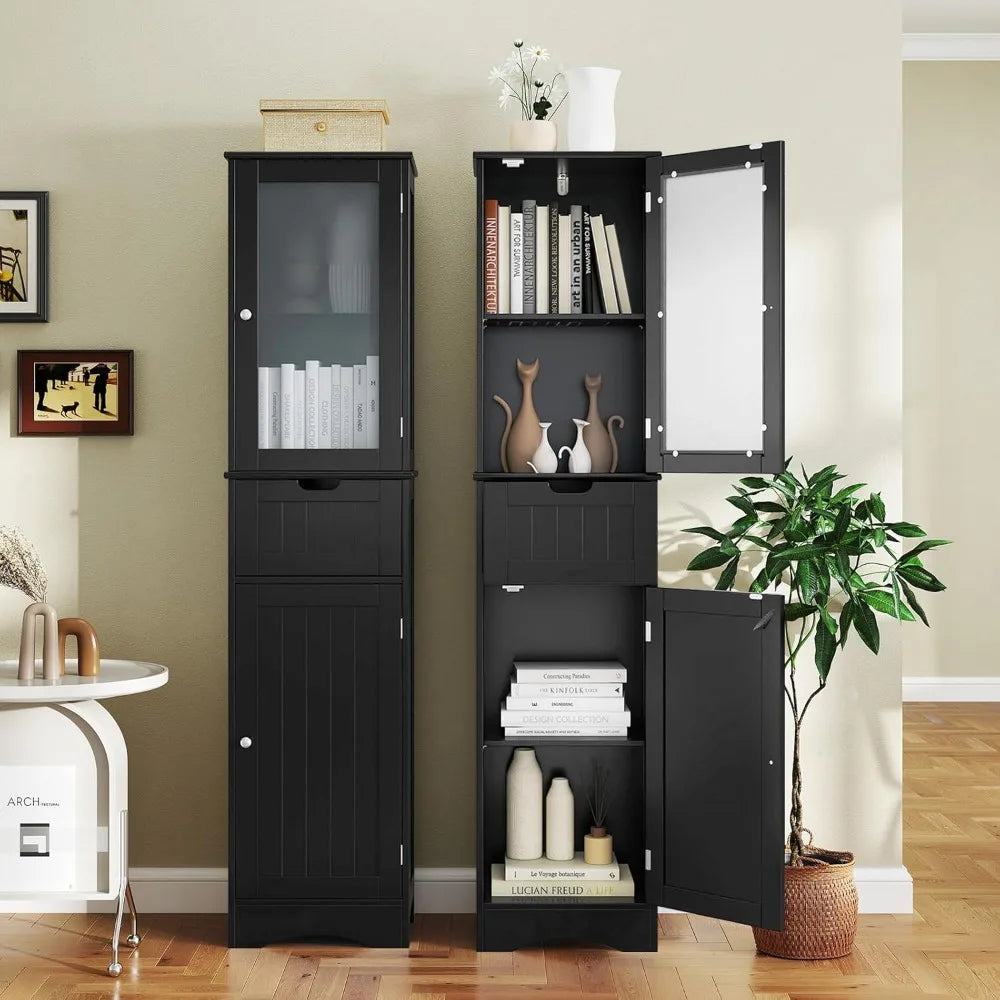 all Bathroom Storage Cabinet, Slim Freestanding Tower w/ 2 Doors & 1 Drawer, Narrow Floor Cabinet w/Adjustable