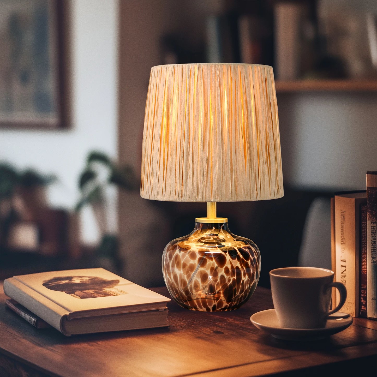15" Hand-Blown Glass Table Lamp, Natural Raffia Shade, Mesmerizing Leopard-Print Base, Small Accent Lamp