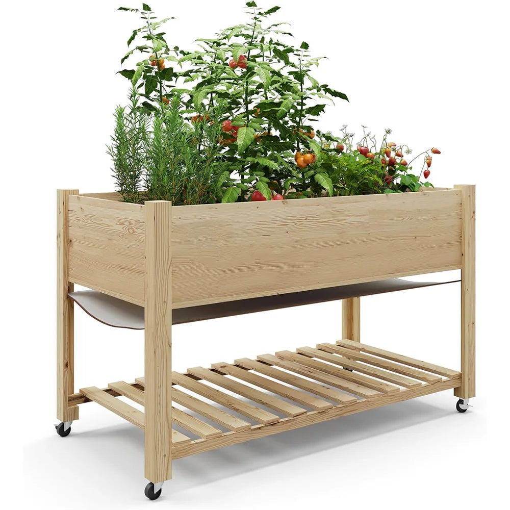 48x24x30inch Raised Garden Bed Mobile Elevated Wood Planter with Lockable Wheels Storage Shelf for Patio Deck Balcony Fruits
