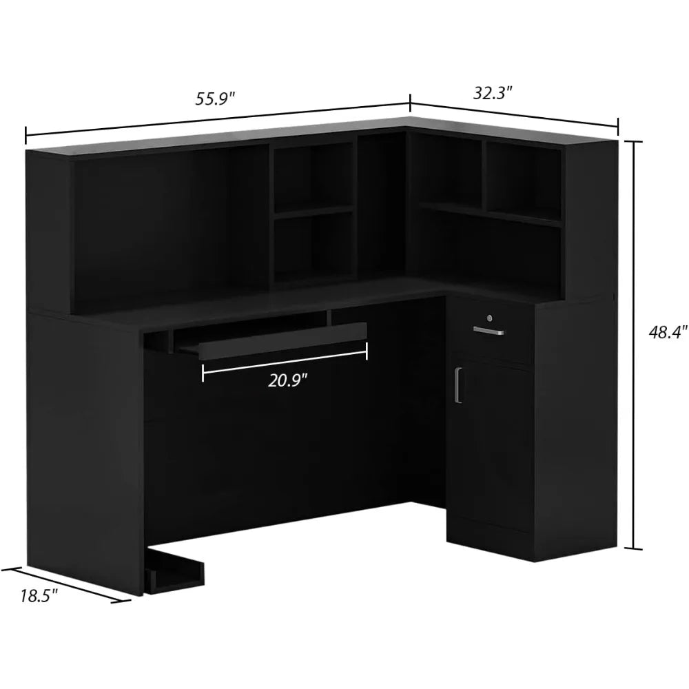 Reception Desk Reception Stations with Open Shelf & Drawers, L Shape Reception Table Wooden Computer Desk