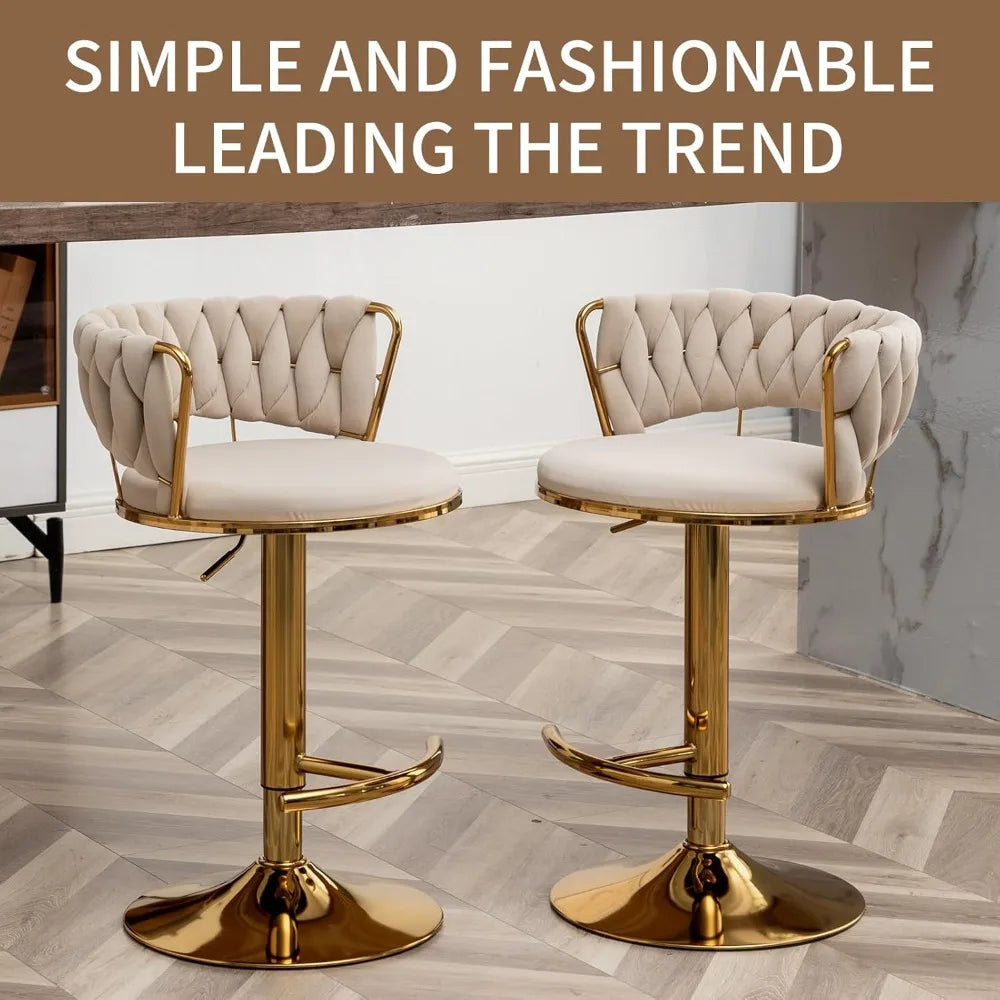 Gold Bar Stools Set of 4, Velvet Swivel Barstools with Woven Backrest, Adjustable Bar Chairs for Kitchen Island, Dining Room