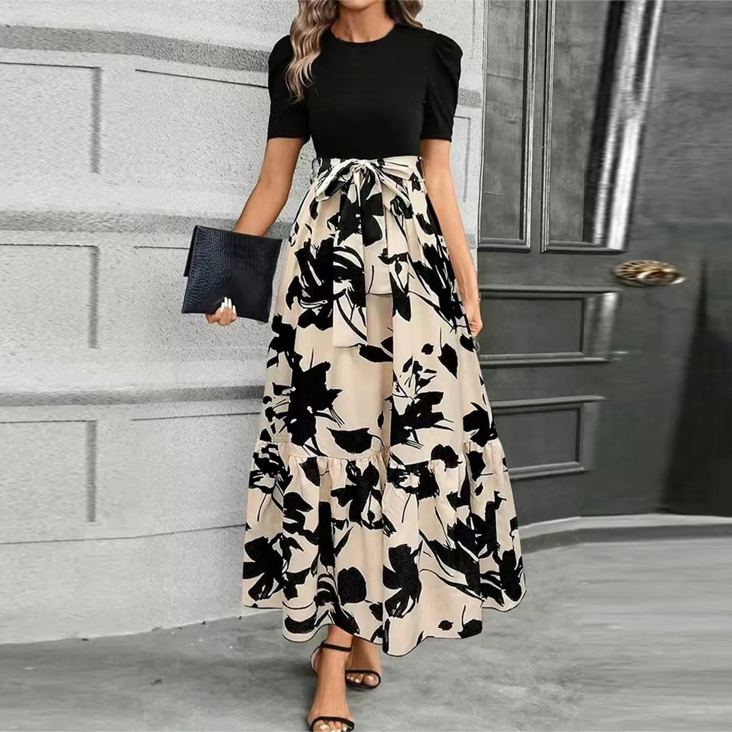 Round Neck Color Blocked Dress Women's Short Sleeved Floral Print A Line Dresses Autumn Elegant Party Dress Robe