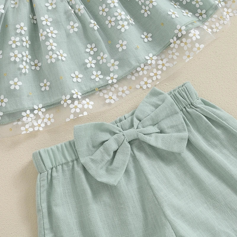 Baby Girl Floral Print Mesh Fly Sleeve Top and Shorts Set with Bow Detail and Matching Headband - 3 Piece Summer Outfit