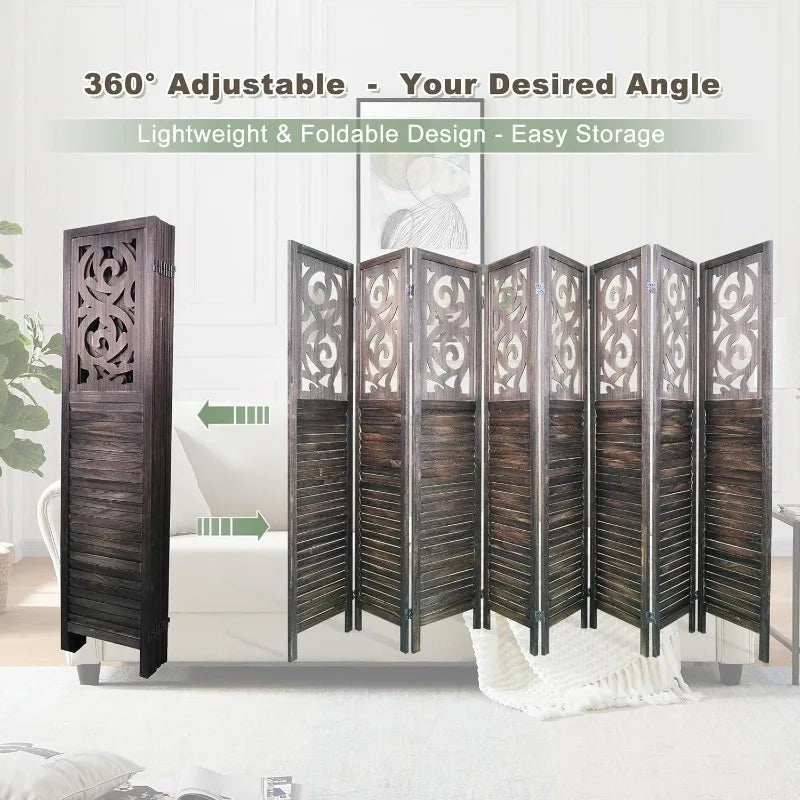 8 Panel Room Dividers 6FT Wall Divider Carved Wood Room Separator Folding Privacy Screens Cutout Design Foldable Partition Wall