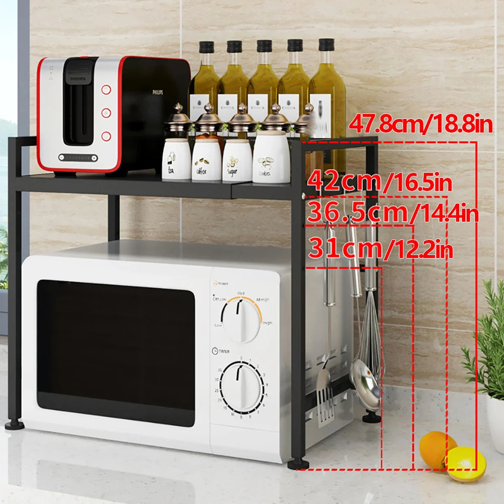 2 Tier Kitchen Countertop Organizer W/3 Hook Expandable Kitchen Organization Spice Storage Microwave Rack Countertop Organizer