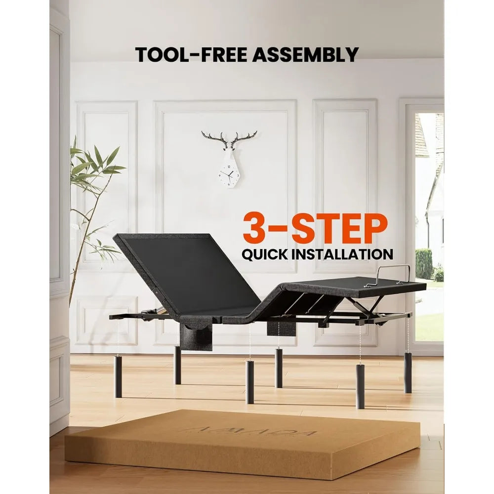 Amada Queen Adjustable Bed Frame with Massage, Head & Foot Incline, Wireless Remote, 4 Built-in USB Ports, LED Night Light, 4 He