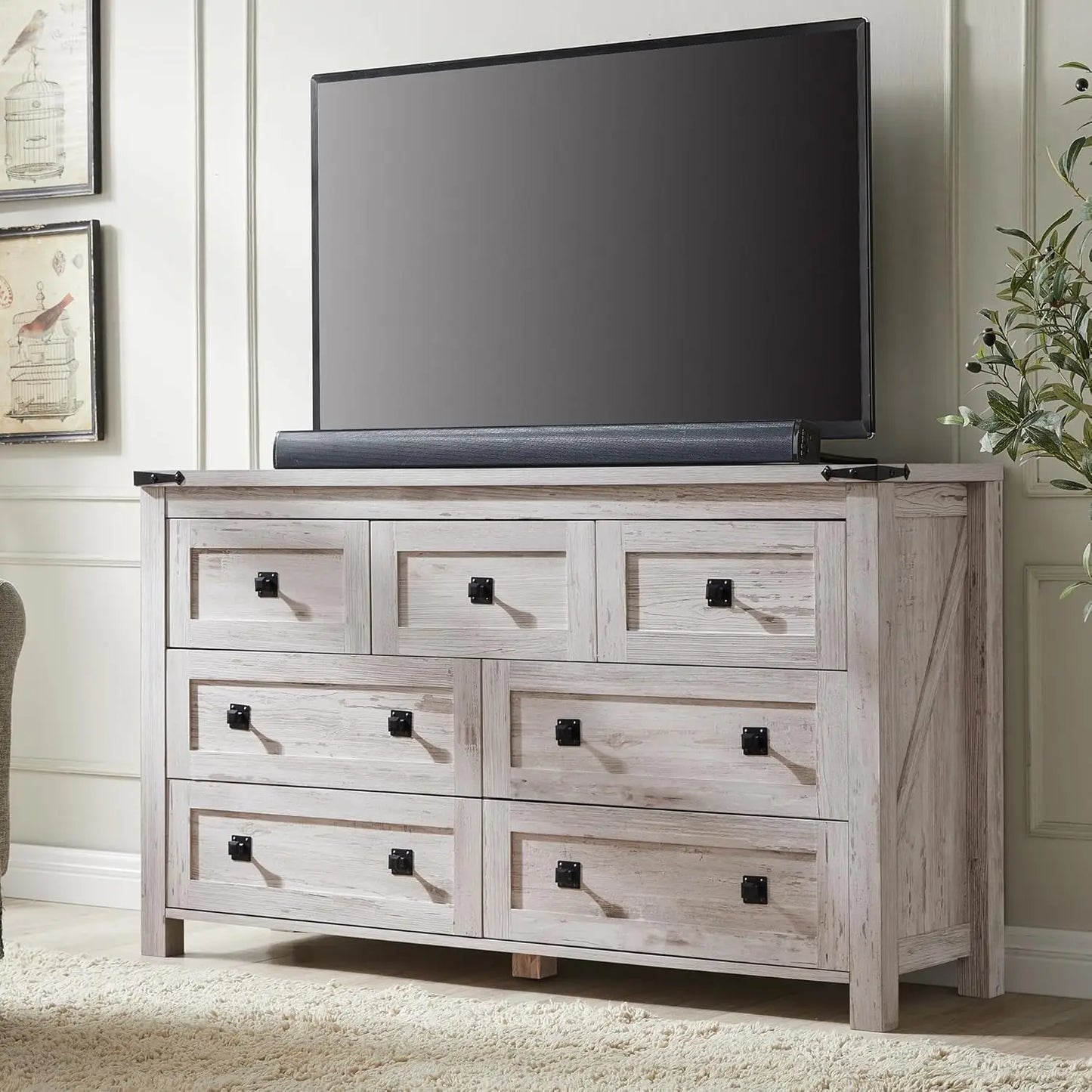 Farmhouse 7 Drawer Dresser for Bedroom, 54 Inch Wide Rustic Wood Dresser TV Stand, Dresser Chest of Drawers for Closet
