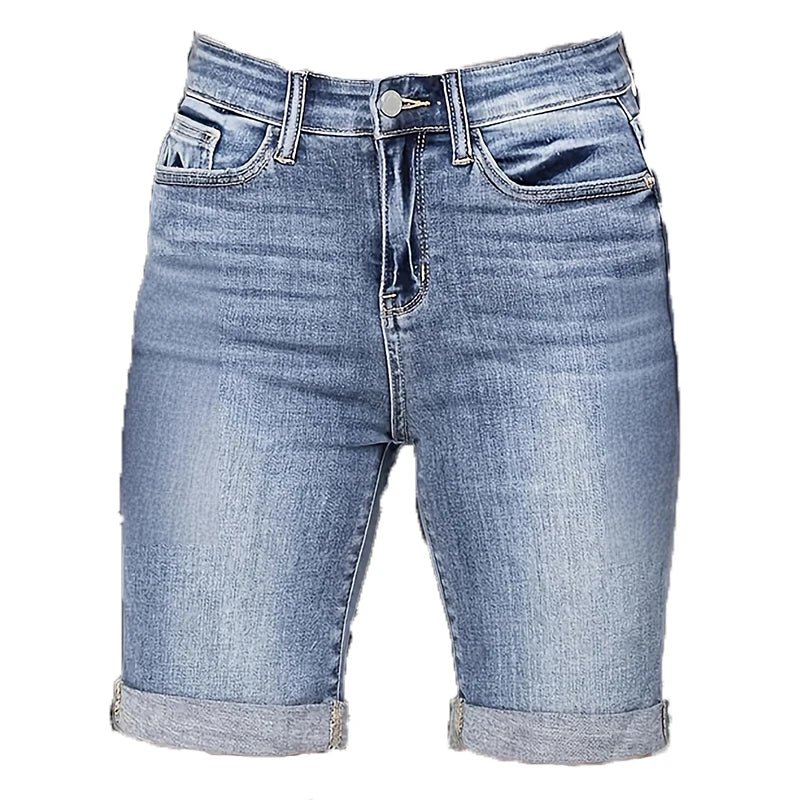 Summer New Women's Mid-Waist Denim Shorts Elastic Straight Slim Jeans Curled Design Shorts