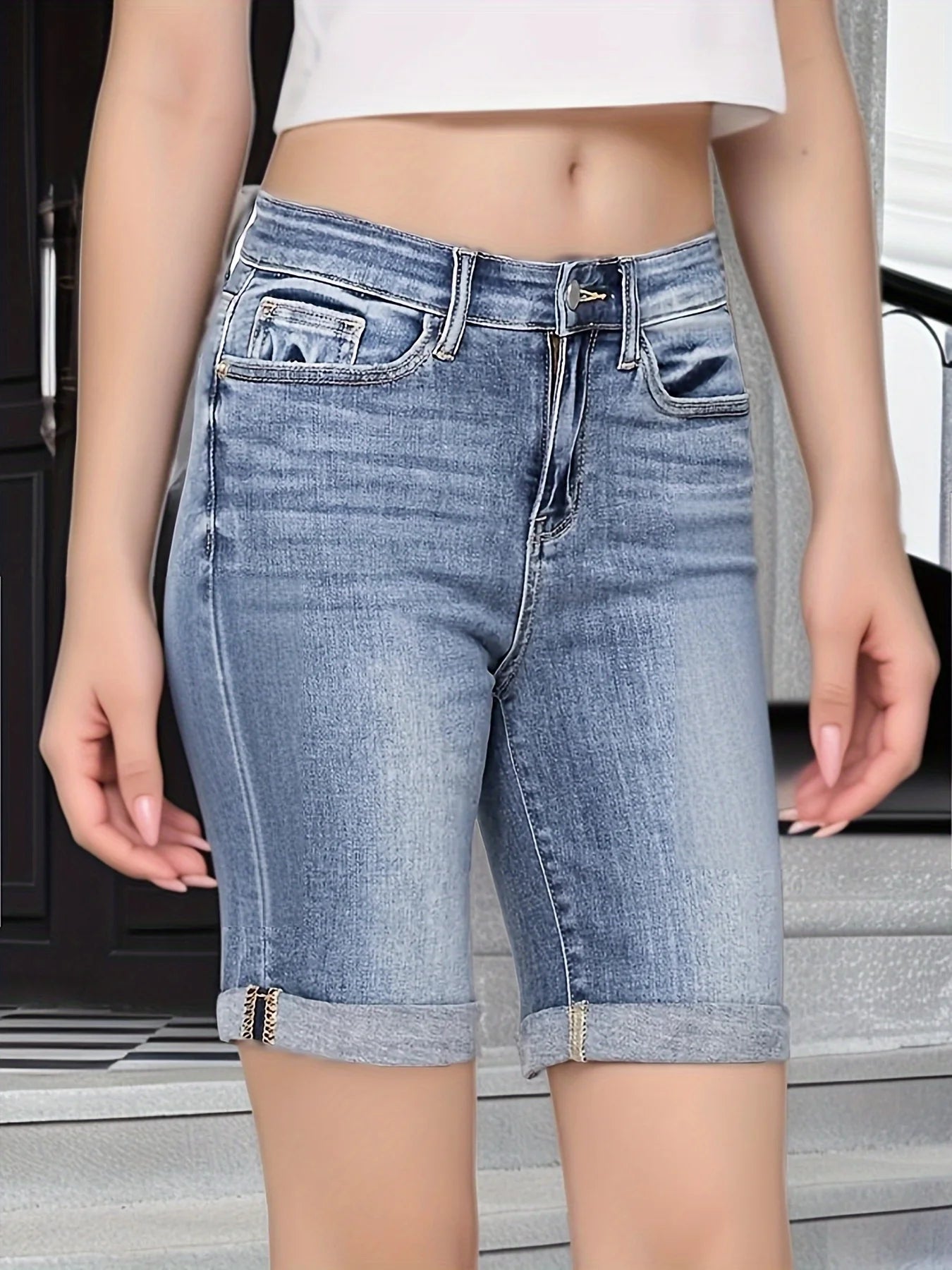 Summer New Women's Mid-Waist Denim Shorts Elastic Straight Slim Jeans Curled Design Shorts