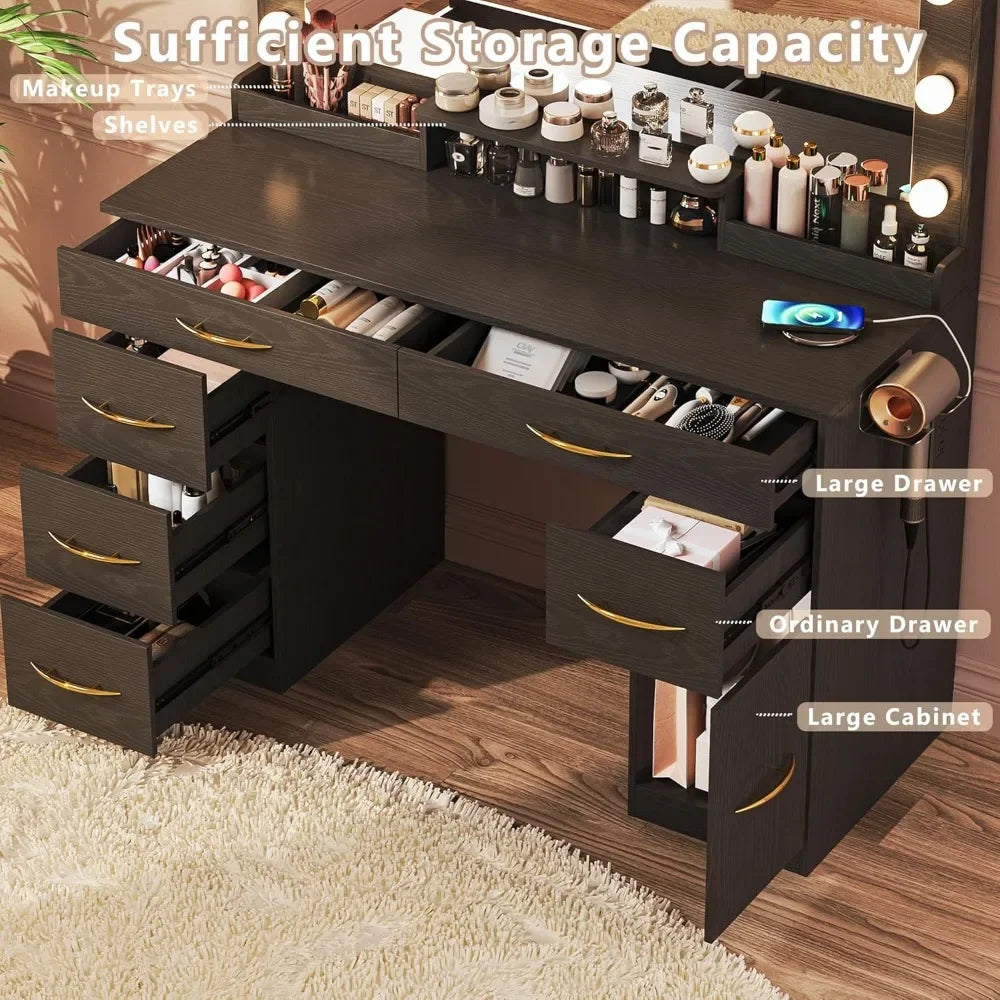 Makeup Vanity Desk with Lights,Desk with Large Mirror, Vanity with Outlets Large Drawers & Storage, 3 Lighting Color