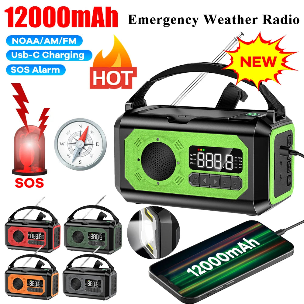 12000mAh AM/FM/NOAA emergency radio survival with crank battery operated radio solar Hand Crank SOS Alarm small portable radio