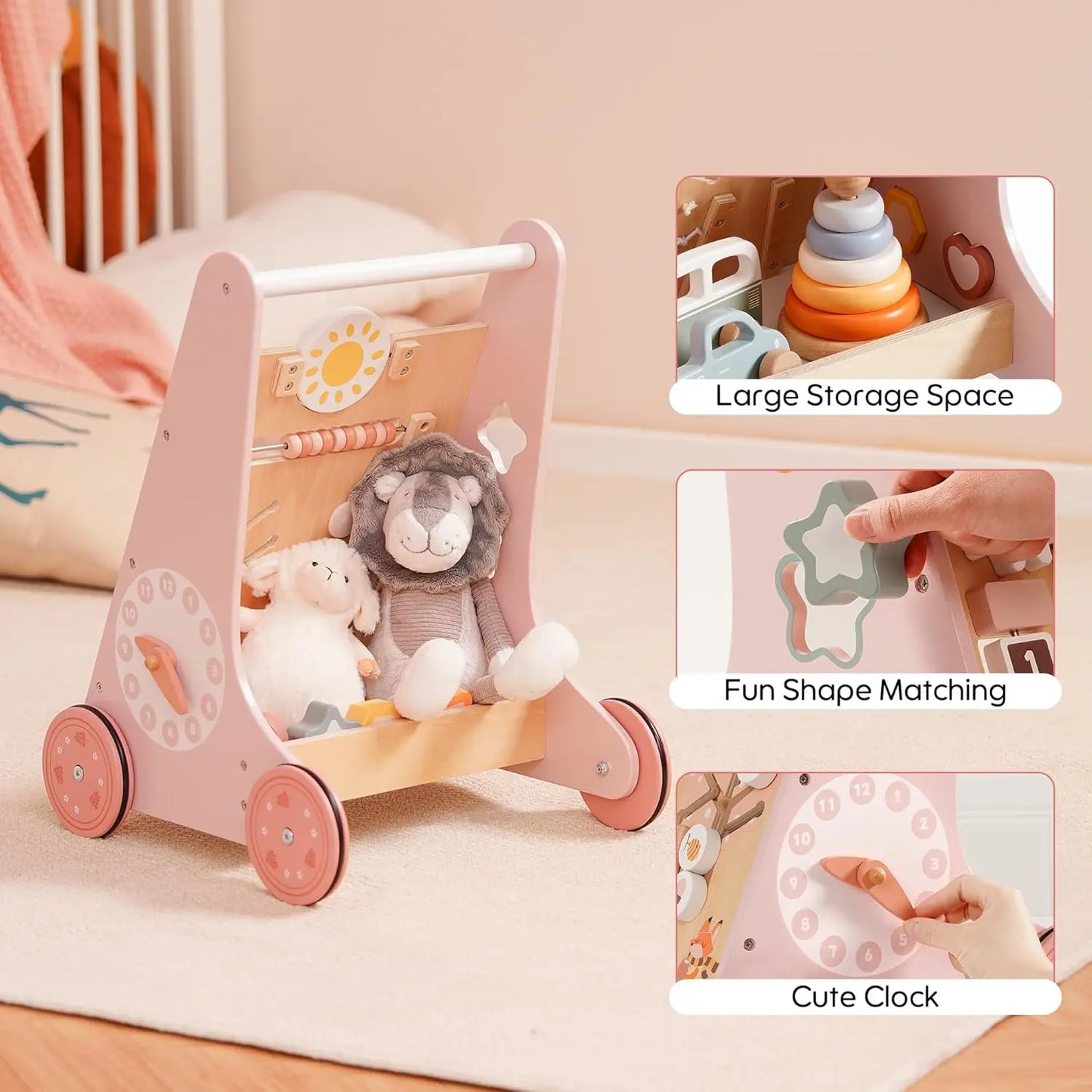 Robotime Robud Wooden Baby Walker Baby Push Walker with Activity Center and Storage Montessori Walker Toy for Boys Girls Pink