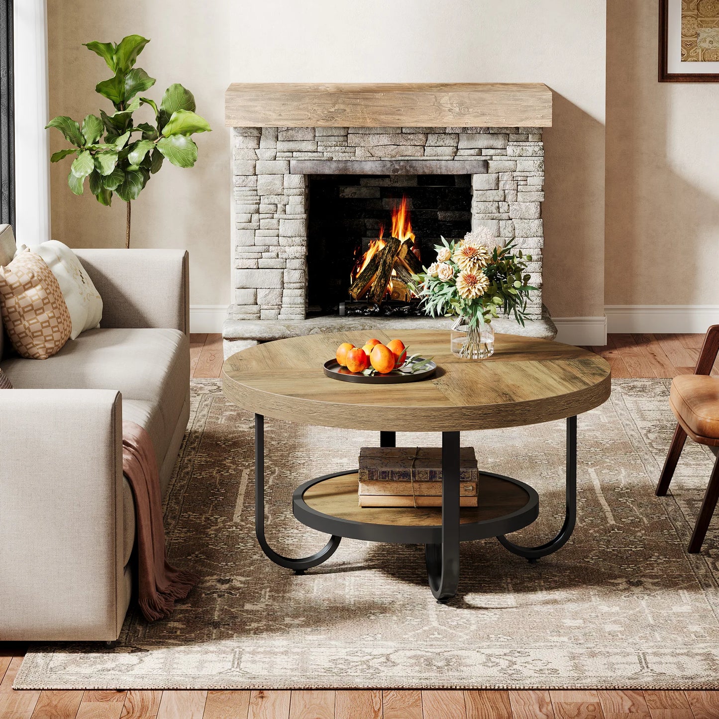 Tribesigns Round Coffee Table for Living Room, 2-Tier Center Table with Storage Shelf, 31.1-Inch Industrial Cocktail Tea Table w
