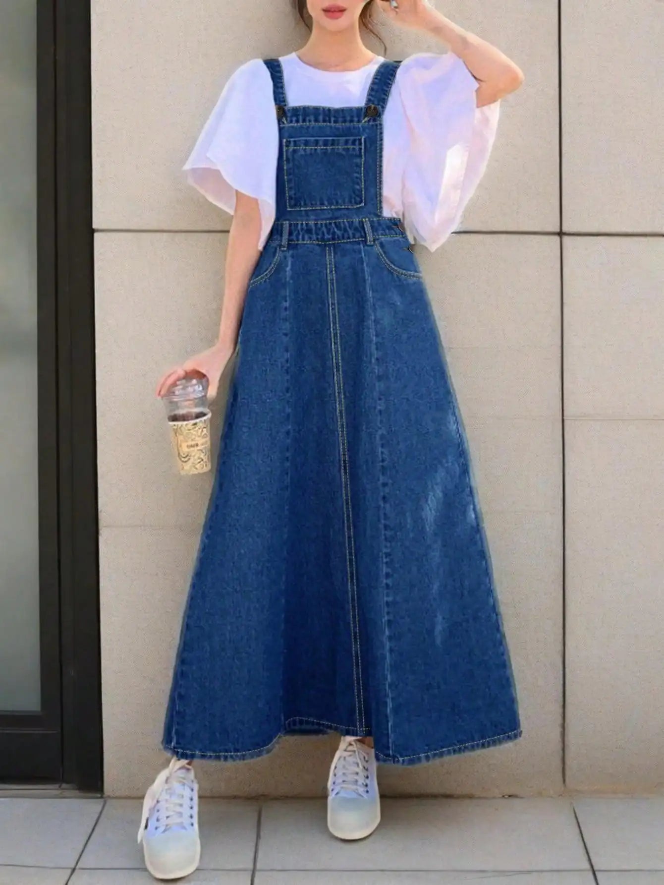 2025 New Arrival Women's Denim Overall Dress blue Casual Summer Style Loose Fit denim skirt High Waisted Long Skirt
