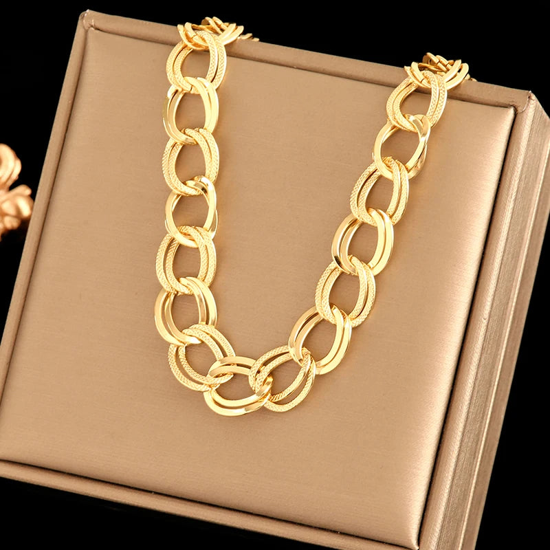 EILIECK 316L Stainless Steel 18K Gold Plated Double Link Chain Necklace Bracelet Set Charm Fashion Women Waterproof Jewelry Gift