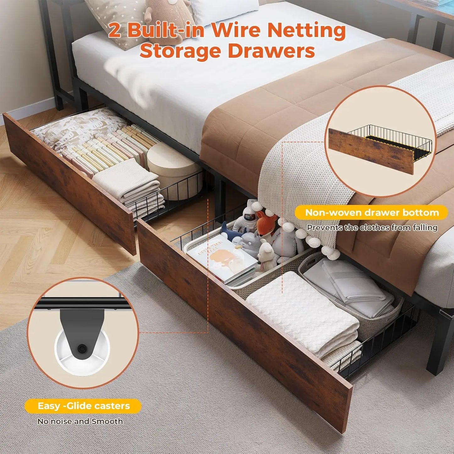 Twin Size Corner Bed Frame with Bookcase Storage and Led Lights Metal Platform Beds with 2 Drawers and Charging Station