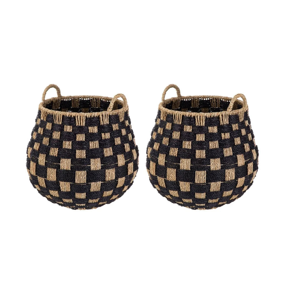 Large Round Seagrass Storage Basket with Handles 2 Pack Handcrafted Checkered Design Lightweight Durable Decorative Organizers