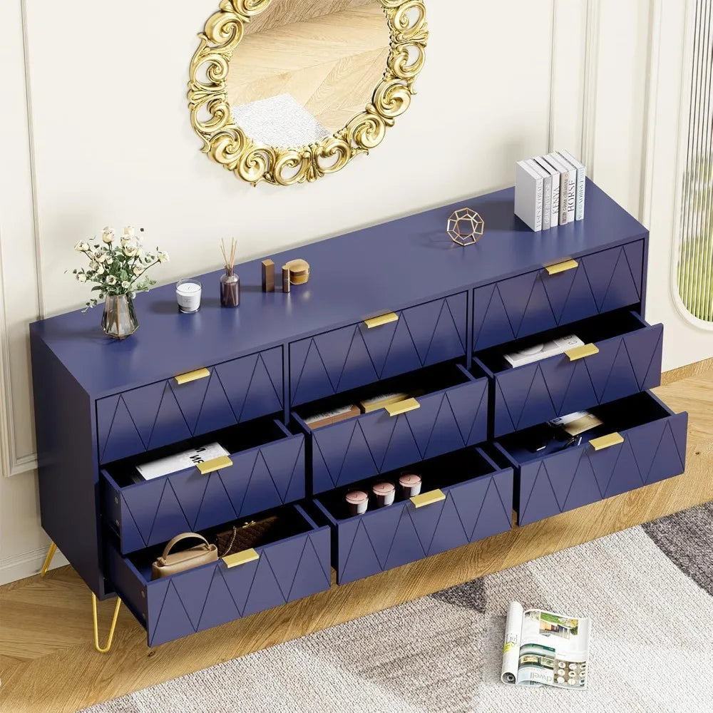 9 Drawer Dresser Navy with Gold Handles for Bedroom, Chest of Drawers & Long Dresser with Deep Drawers, Modern Wood Dressers