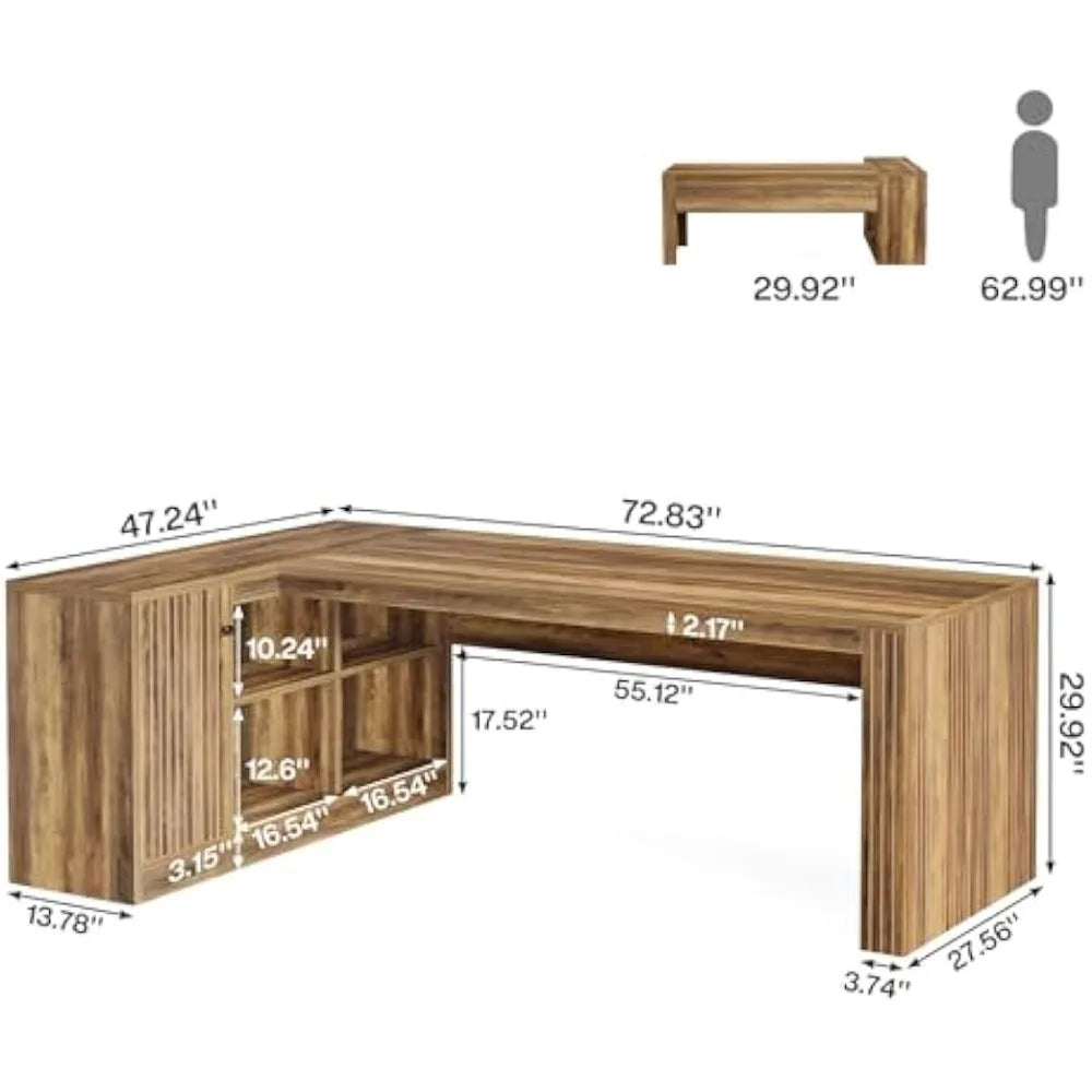 72.8" Large Executive Desk with 47.24" Cabinet, Office Desk with Storage Shelves, Farmhouse Wooden L-Shaped Desk for Home Offic