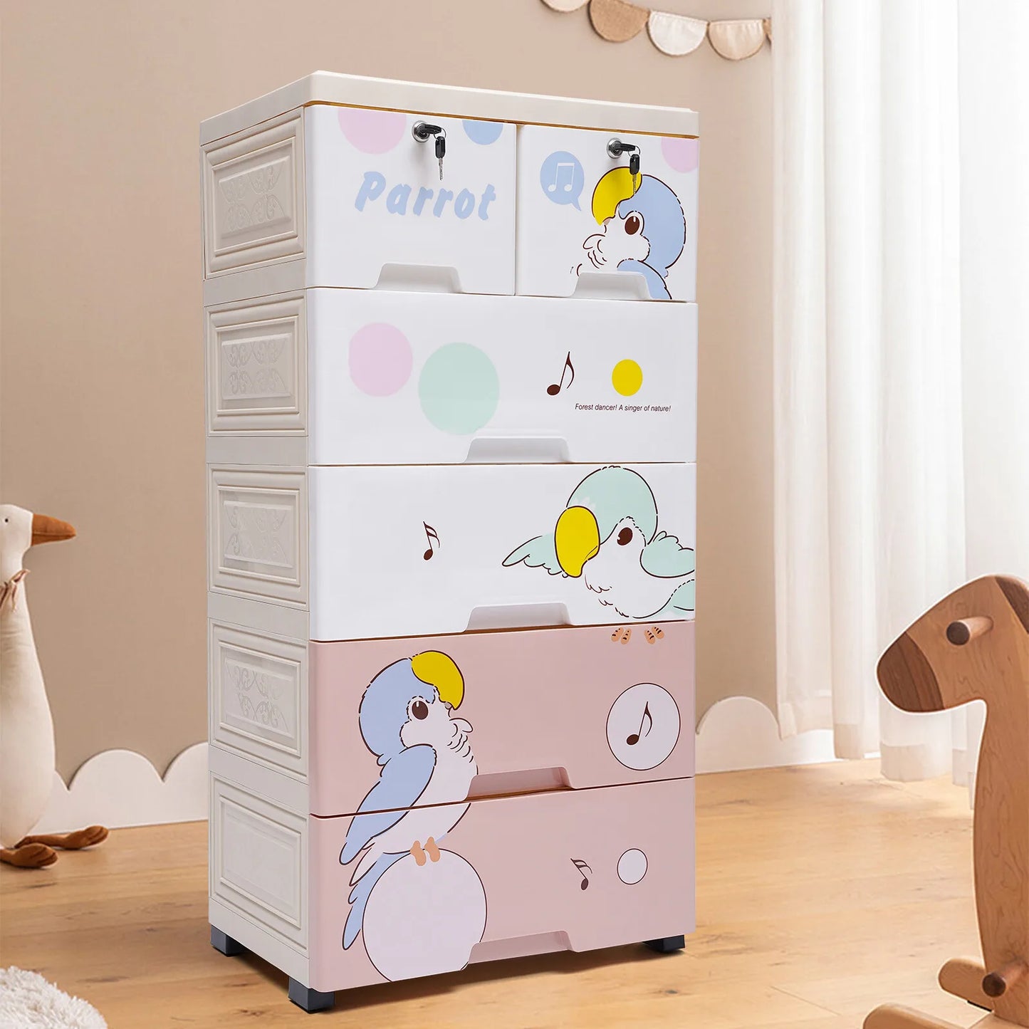 Kids Plastic Dresser – 6 Drawers, Parrot Pattern. 66Lbs Load, Lockable Drawers. For Nursery/Kids Room, Easy To Move & Clean