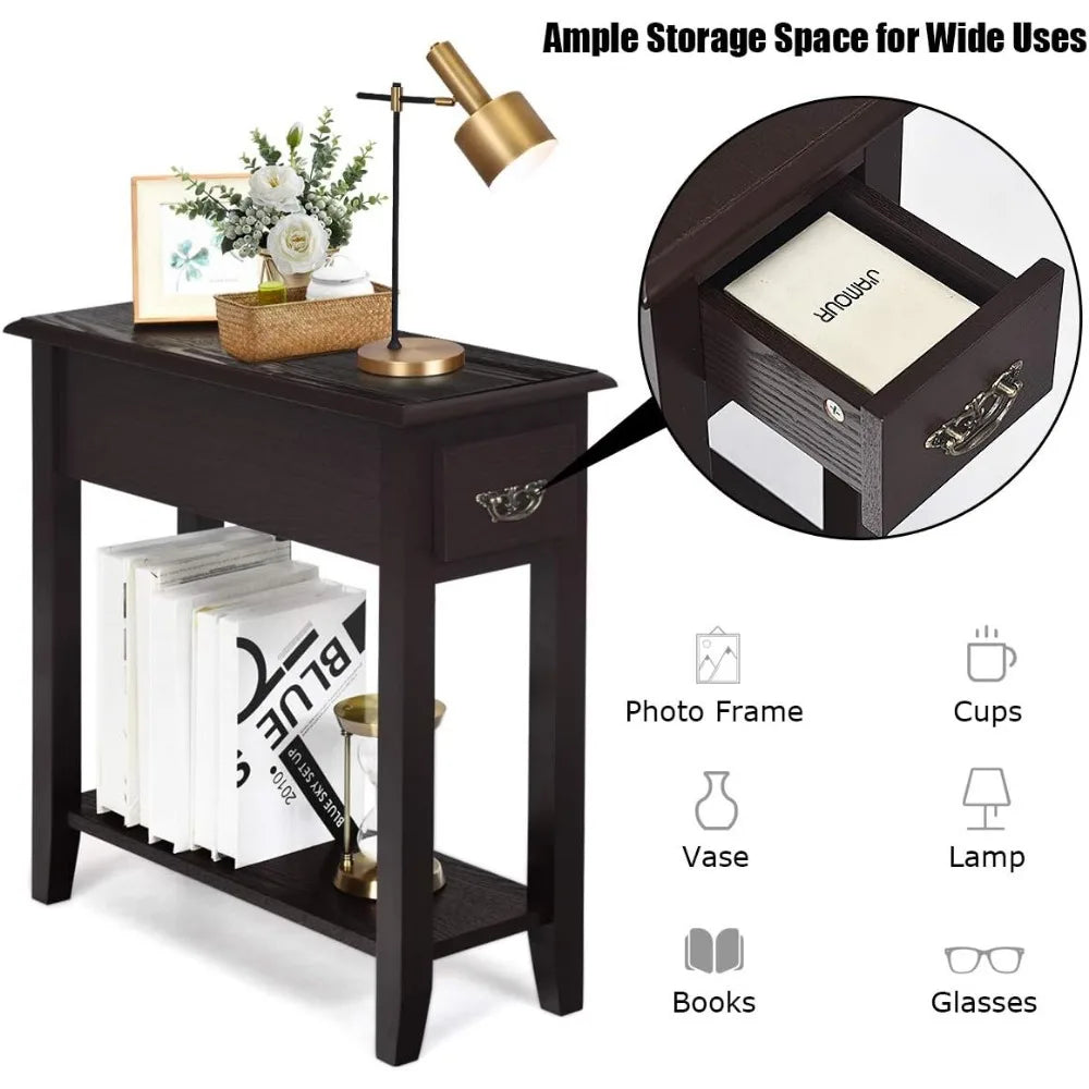 Narrow End Table, Slim Side Table with Drawer and Open Shelf, Small End Tables for Small Spaces, Narrow Nightstand Bedside Tabl