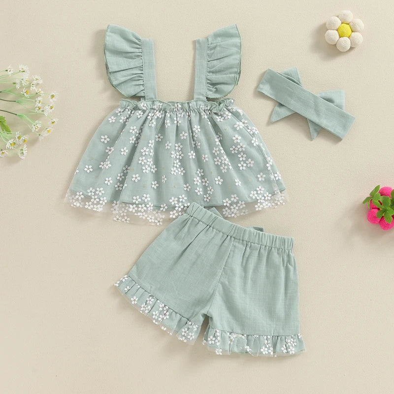 Baby Girl Floral Print Mesh Fly Sleeve Top and Shorts Set with Bow Detail and Matching Headband - 3 Piece Summer Outfit