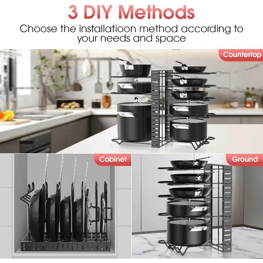 Pot Rack Organizers 8 Tiers Pots and Pans Organizer for Kitchen Organization Storage Adjustable Pot Lid Holders Pan Rack Lid Or