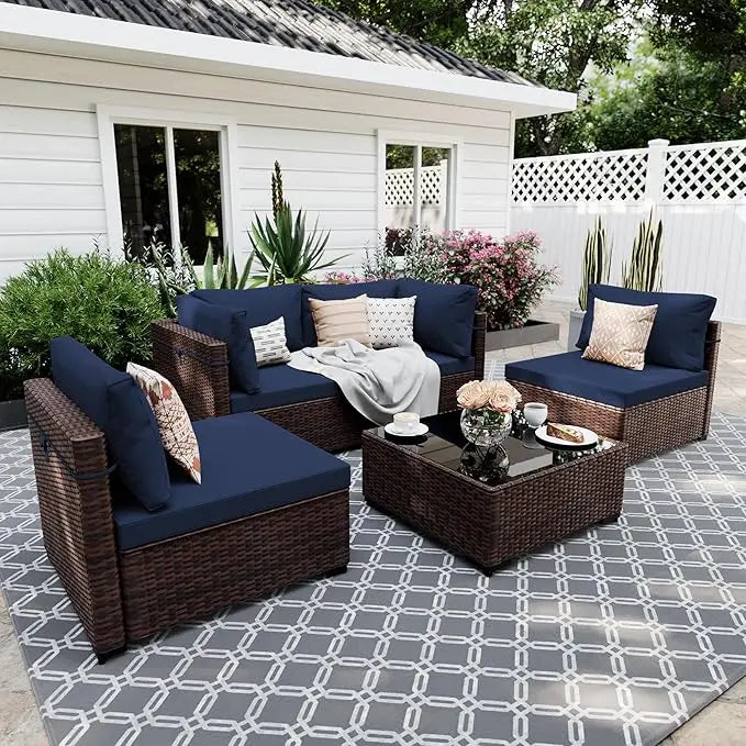 5 Pieces Patio Furniture Sets, Wicker Conversation Couch for Decks, Backyards, Gardens, Brown Rattan, Outdoor Sectional Sofa