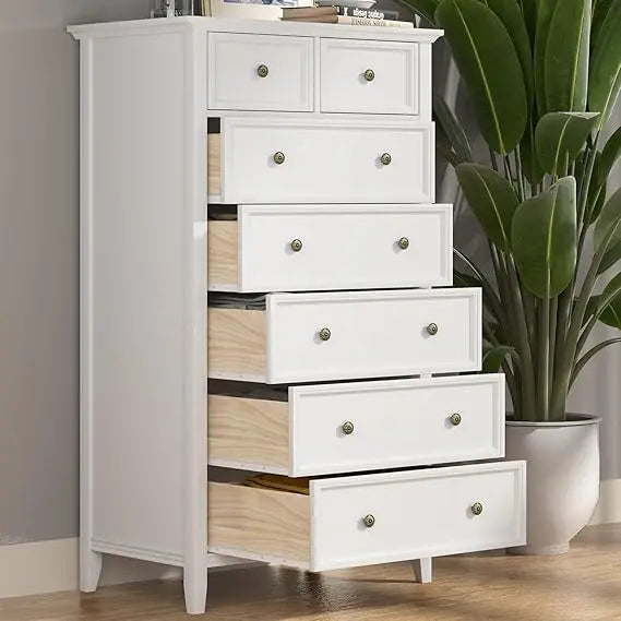 White 7 Drawer Tall Dresser, Tall Solid Wood Large Storage Cabinet, Modern Simple White Tall Chest of Drawer for Bedroom Living