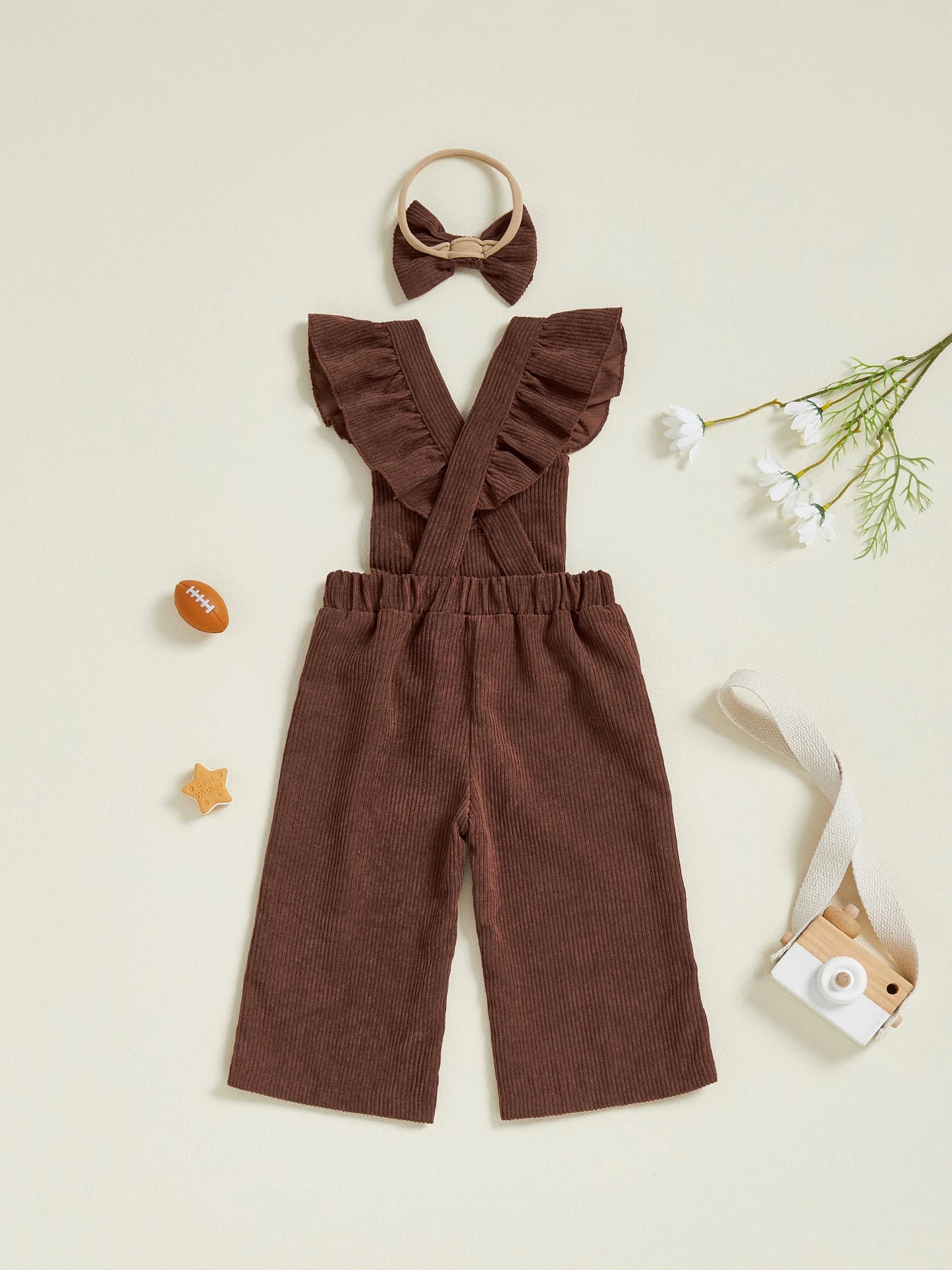 Cute Baby Girls Denim Overalls with Floral Embroidery Ruffle Sleeve Square Neck Jumpsuit and Matching Bow Headband