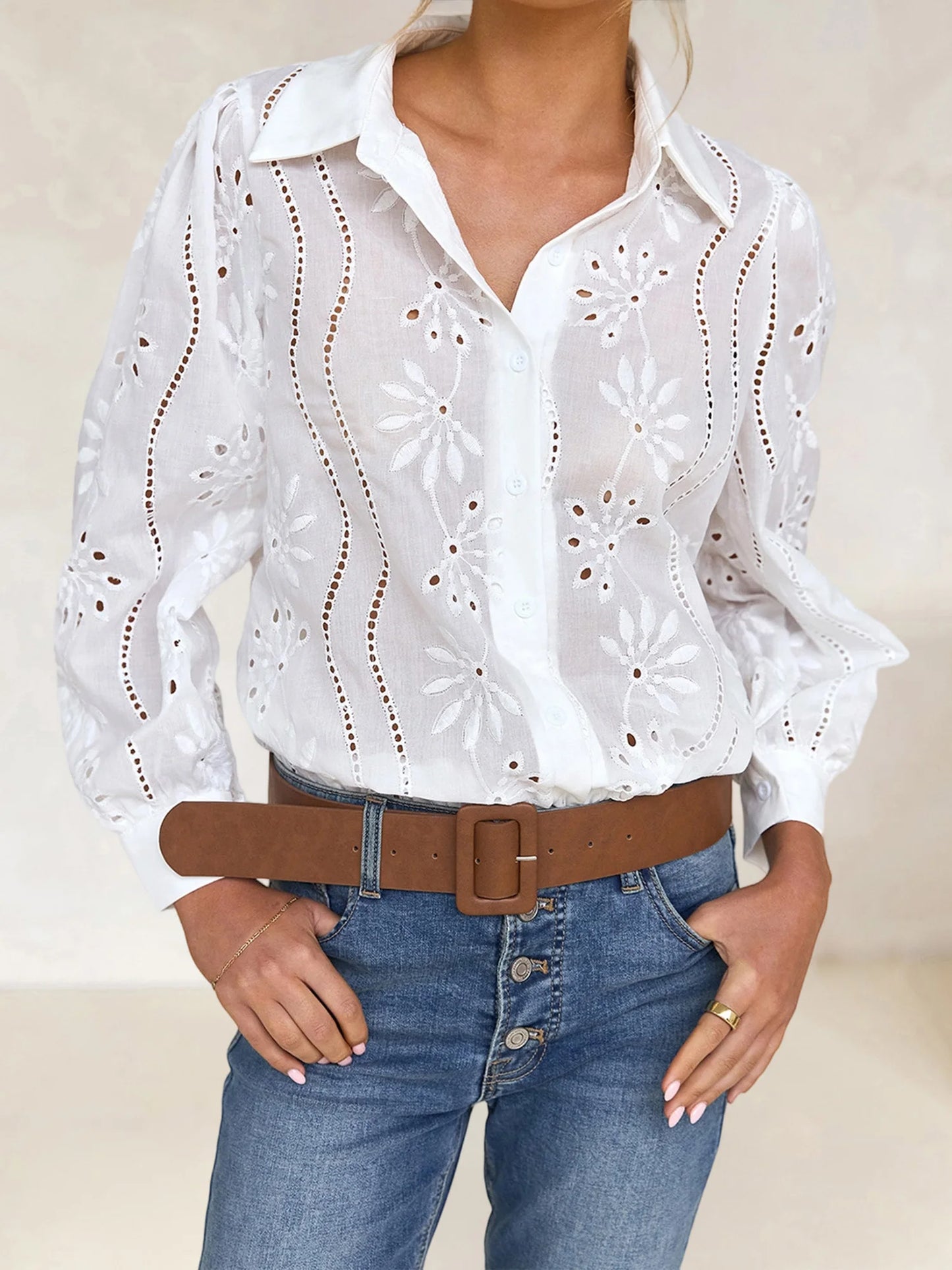 Stylish Women s Eyelet Blouse with Long Sleeves and Turn Down Collar in Solid Color Loose Fit Shirt for Fashionistas