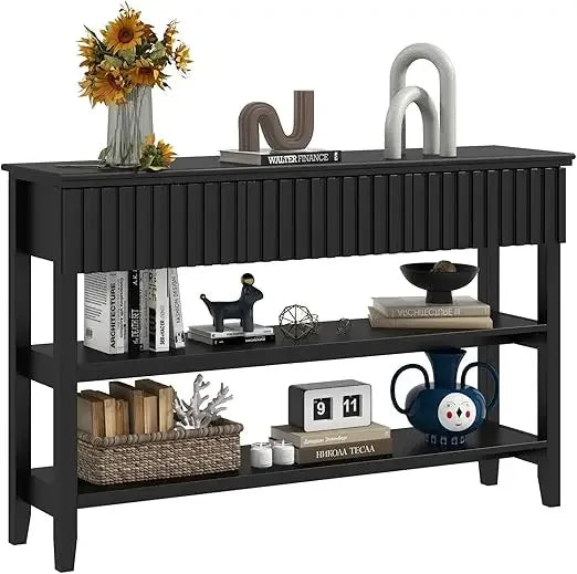 Painted Wood Console Table Narrow Long Sofa Table Modern Behind Couch Fluted Entryway Table with 3 Drawer